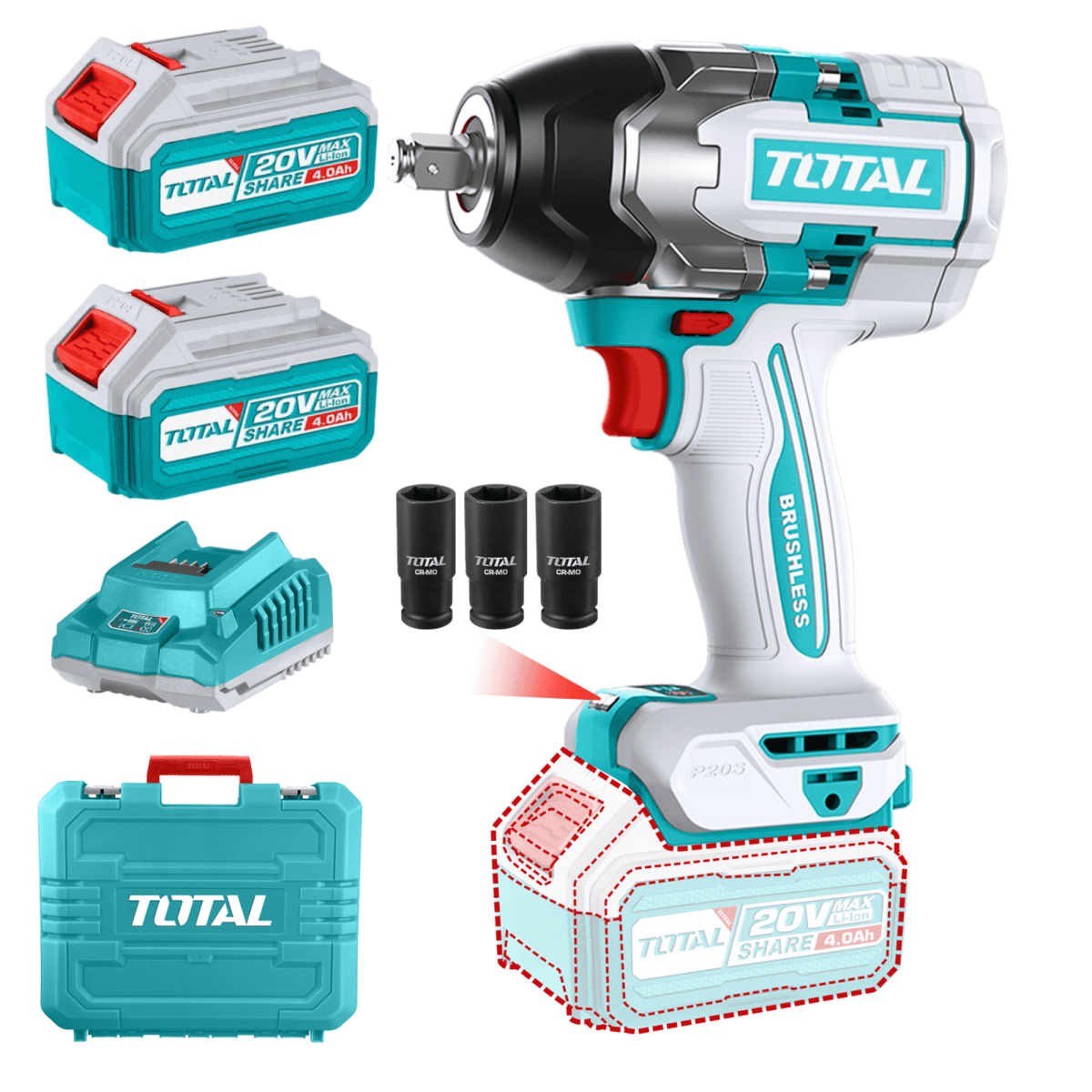 Llave de impacto 850nm + 2 baterias 4amp + cargador 20v TOTAL-TIWLI2085